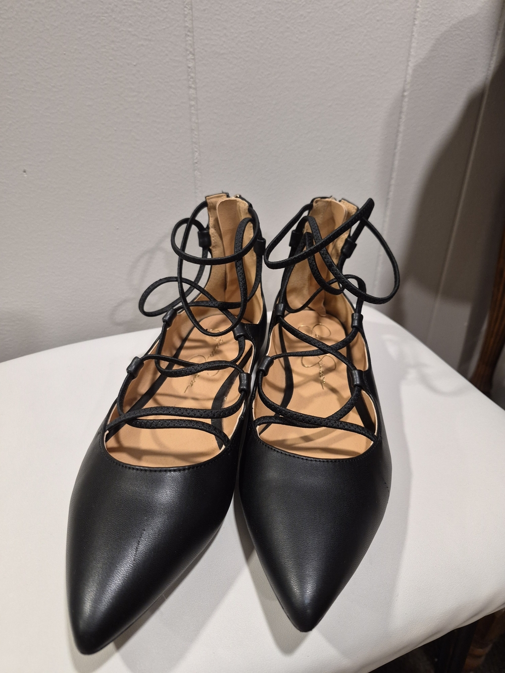 Jessica Simpson Black Pointed Lace-Up Ballet Flats